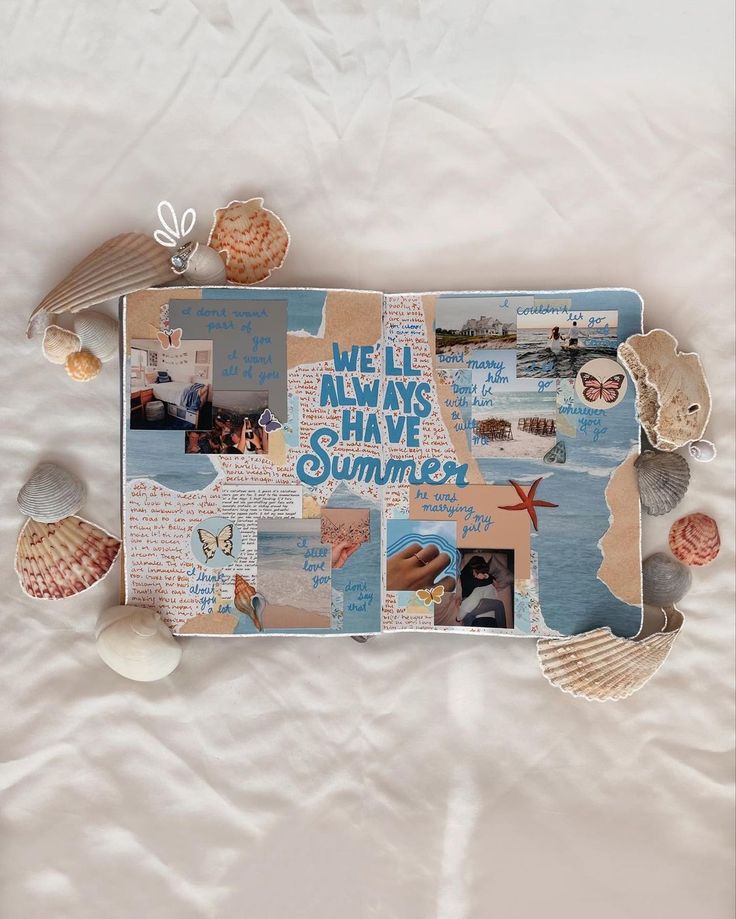 a collage of pictures with words and seashells arranged on a bed sheet