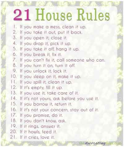 the 21 house rules are shown in pink and green