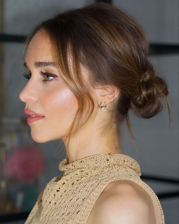 Sleeked Back Wedding Hair, Low Bun Wedding Hair Dark Hair, Wispy Low Bun, Lose Wedding Updo, Low Bun Red Carpet, Kristen Bell Makeup, Relaxed Updo Wedding, Low Bun With Front Pieces Out, Soft Bridal Bun