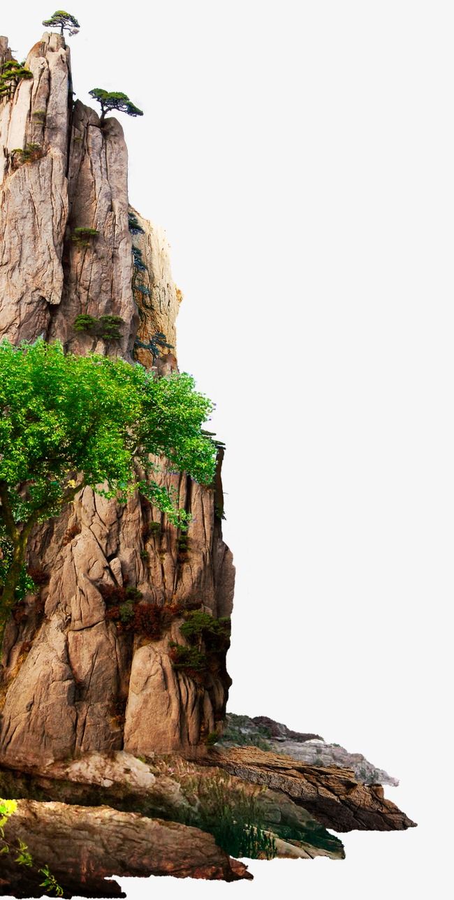 a large rock formation with trees growing on it's sides and two birds perched on top