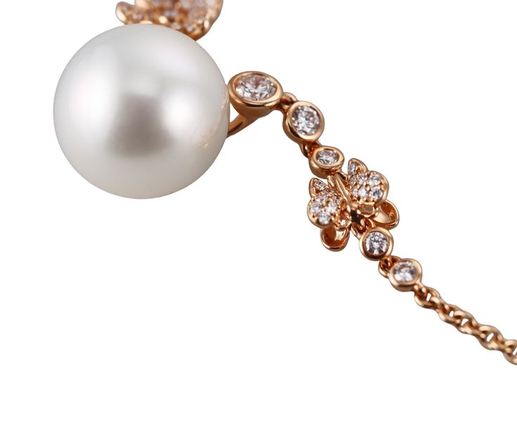 18k rose gold Cherry Blossom necklace by Mikimoto, set with 12.4mm South Sea pearl and 0.53ctw G/VS diamonds. Approx. retail $8560. DESIGNER: Mikimoto MATERIAL: 18k Rose Gold GEMSTONES: Diamond, Pearl DIMENSIONS: Necklace is 18" long. MARKED/TESTED: Mikimoto M mark, 750. WEIGHT: 10.5 grams CONDITION: Previously Owned / Excellent Condition. Pearl Diamond Necklace, Cherry Blossom Necklace, Pearl And Diamond Necklace, Vs Diamond, Sea Pearl, South Sea Pearls, Sea Pearls, Pearl Diamond, Selling Jewelry