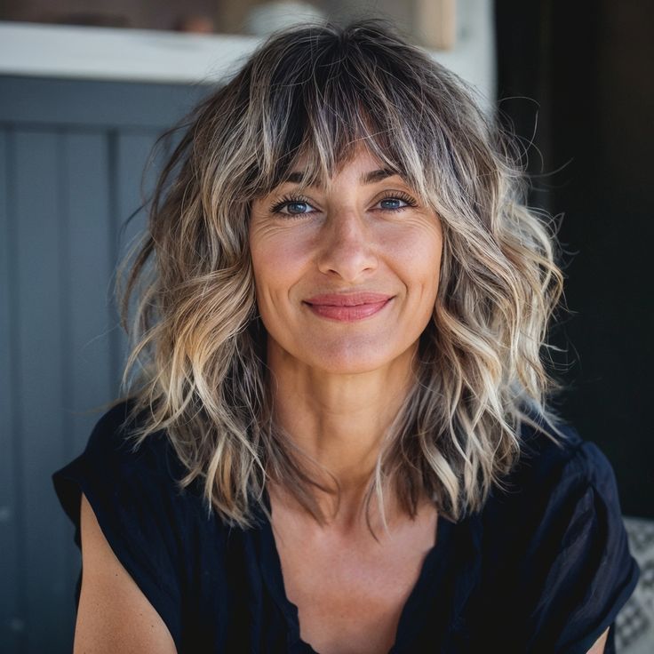 Shaggy Round Face, Shaggy Lob With Fringe, Shaggy Lob Thick Hair, Shaggy Women’s Haircuts, Wavy Shag With Curtain Bangs, Shaggy Lob For Thick Hair, Shag Haircut Medium, Shag Lob, Shaggy Long Bob