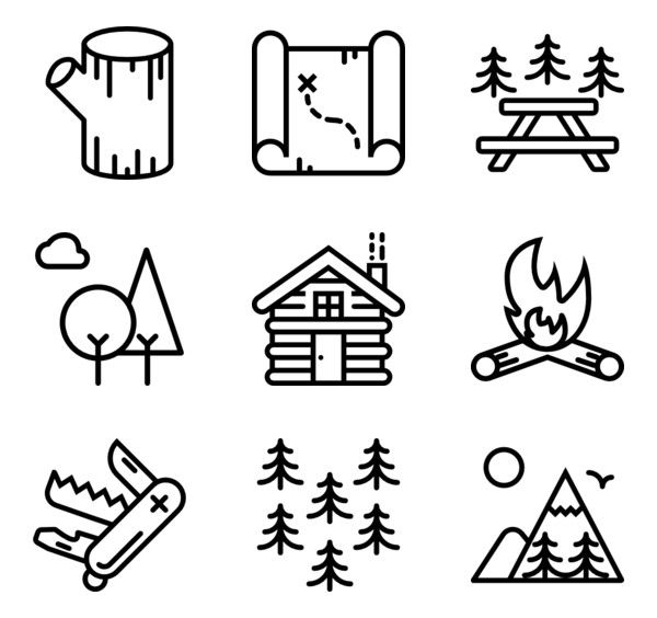 camping related icons are shown in this black and white set, including tent, campfire, tree, firewood, cabin, log, sleeping bag