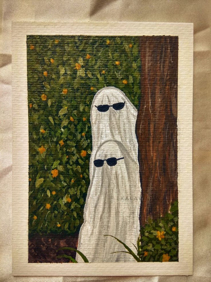 a painting of a ghost standing in front of a tree with sunglasses on its face