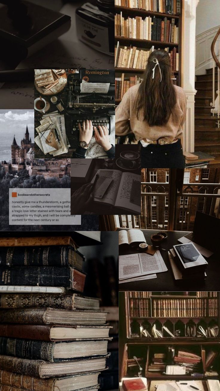 a collage of photos with books and an image of a woman sitting at a desk