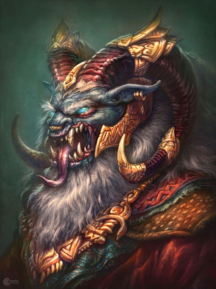 a painting of a demon with horns and fangs