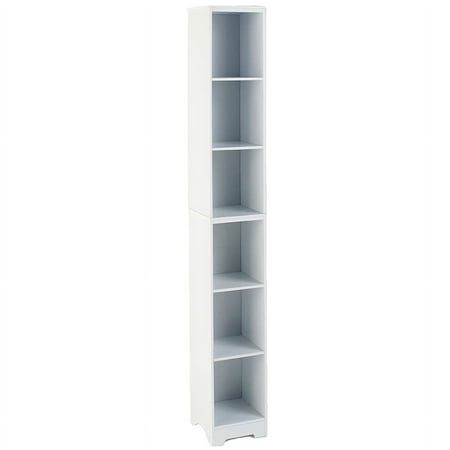 a tall white bookcase with three shelves