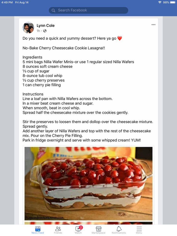 an image of a cake with cherries in it and the recipe on the screen