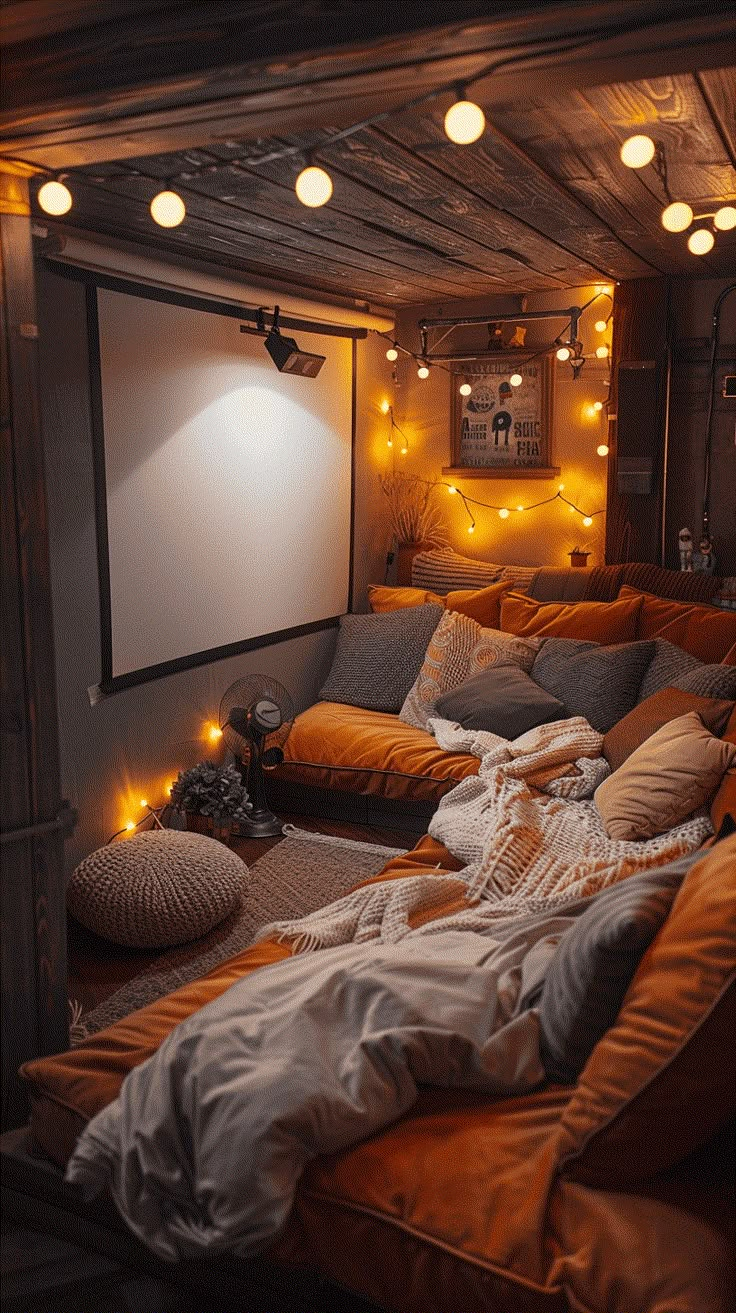 a room with lots of pillows and lights on the ceiling, in front of a projection screen