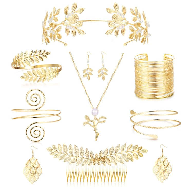 PRICES MAY VARY. 【GREEK GODDESS ACCESSORIES JEWELRY SET】:A Total Of 9 Ancient Greek Goddess Roman Style Hair Accessories, Including 1 Gold Leaf Crown, 1 Gold Leaf Hairbrush, 4 Different Styles Of Upper Arm Cuffs, 2 Pairs Of Different Pendant Pearl Earrings And 1 Exquisite Necklace, A Beautiful Goddess Clothing Accessories That Emphasize Your Temperament And Elegance And Make You Feel Like A Real Greek/Roman Queen Or Princess. 【GREEK STYLE DESIGN】:These Greek Goddess Accessories In Golden Bay Lea Goddess Jewelry Greek, Roman Goddess Costume Diy, Diy Athena Costume Goddesses, Gaia Goddess Costume, Greek Goddess Accessories, Goddess Costume Accessories, Athena Outfit, Greek Goddess Jewelry, Roman Accessories