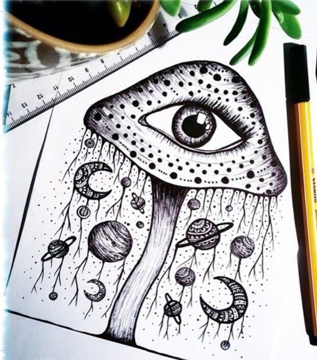 a drawing of an eye and some plants