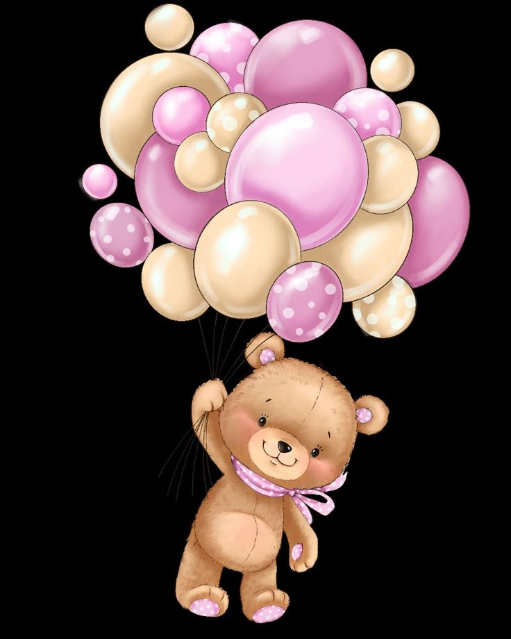 a teddy bear flying with balloons in the air