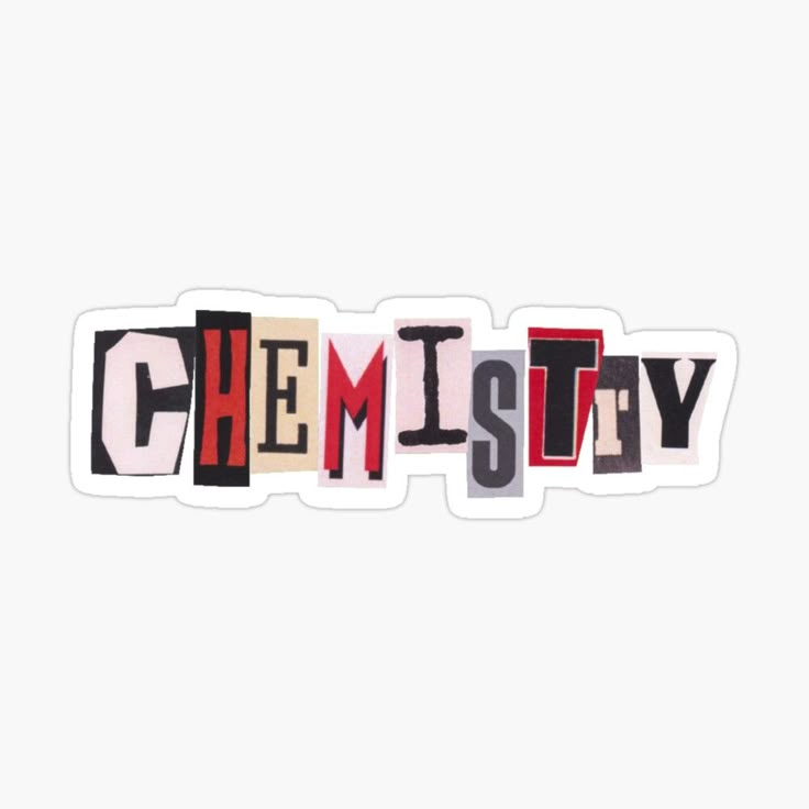 the word chemsty written in different colors and sizes on a white background sticker