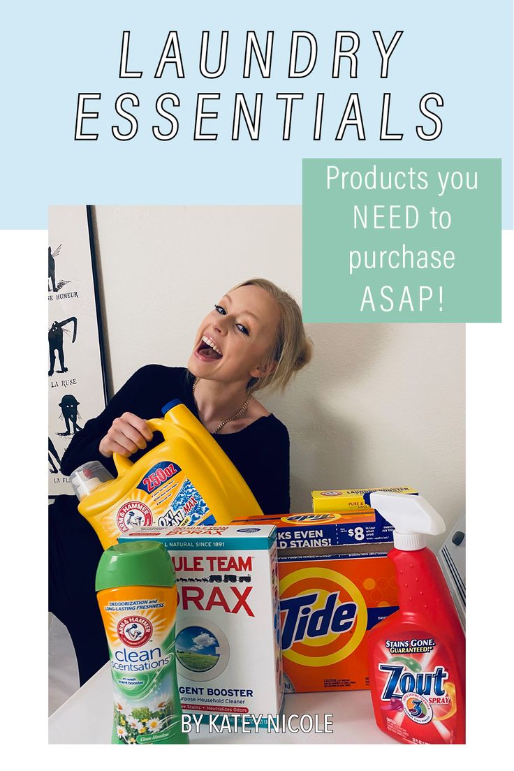 a woman sitting at a table with laundry essentials in front of her and the words laundry essentials products you need to purchase asap