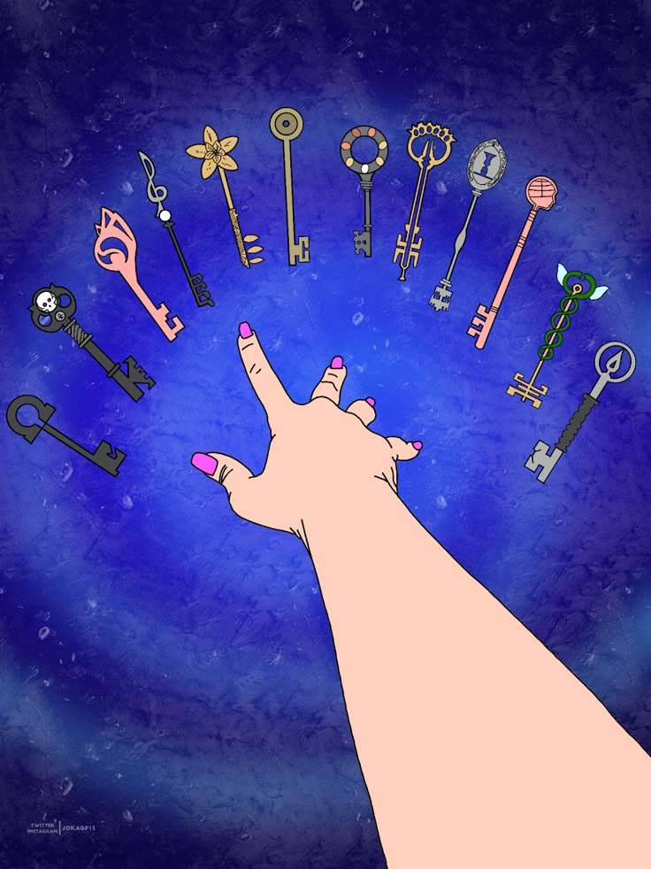 a person's hand reaching up towards an assortment of keys on a blue background