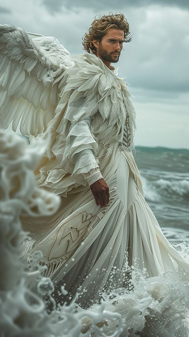 a man dressed as an angel standing in the ocean