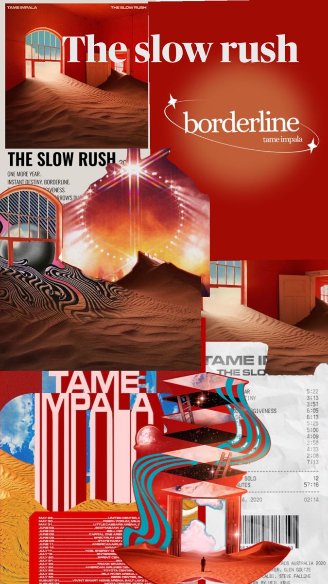 an advertisement for the slow rush show in red, white and blue with text on it