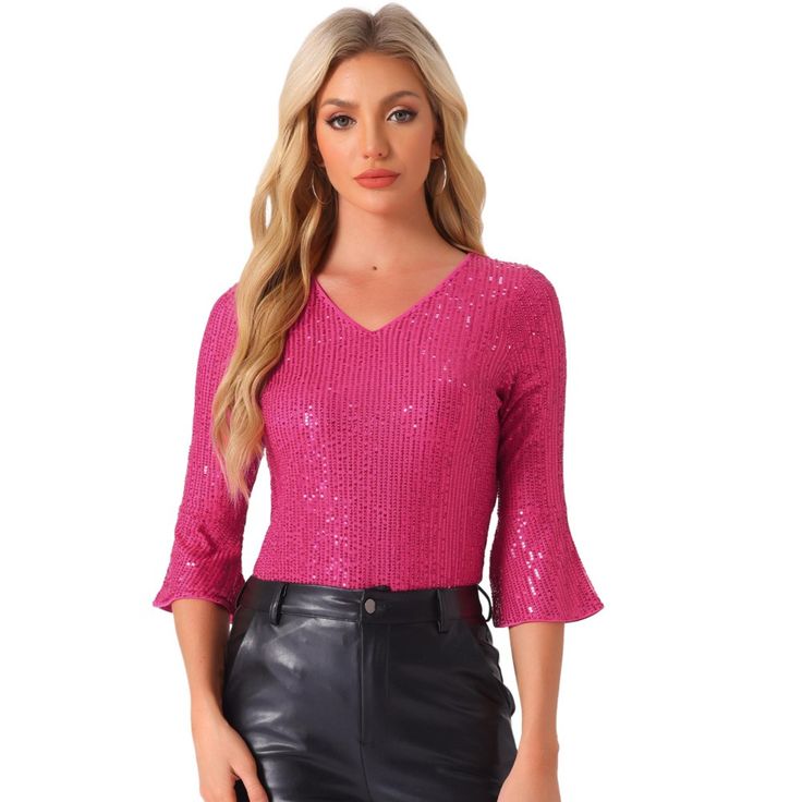 Allegra K Sequin Top for Women's 3/4 Bell Sleeve V Neck Metallic Sparkly Glitter Party Blouse. This sequin top features a v-neck and sparkly fabric details that make you shine in the crowd. The sequin blouse has a beautiful color and elegant style, showcasing your feminine charm and unique fashion sense. Pair this v-neck top with jeans and high heels for any party or night out. Perfect for various occasions such as parties, cocktails, clubs, weddings, night outs, birthdays, music festivals, holi Velvet Cami Top, Sparkly Fabric, Sparkly Party, Party Blouse, Sequin Blouse, Glitter Party, Music Festivals, Sequin Fabric, Velvet Tops