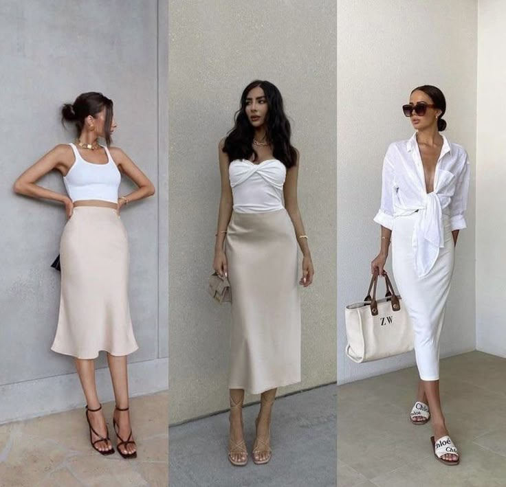 White Satin Skirt Outfit, Silk Midi Skirt Outfit, Cream Skirt Outfit, Satin Skirt Outfit Summer, Midi Skirt Outfits Summer, Slip Skirt Outfit, Silk Skirt Outfit, Satin Skirt Outfit, Skirt Outfit Summer