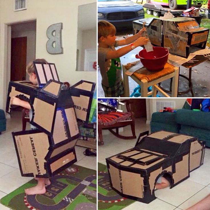 several pictures of children making cardboard houses out of boxes and moving them around the house