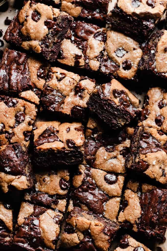 chocolate chip cookie bars stacked on top of each other