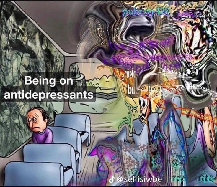 an image of the inside of a bus with text reading being on antidepressants