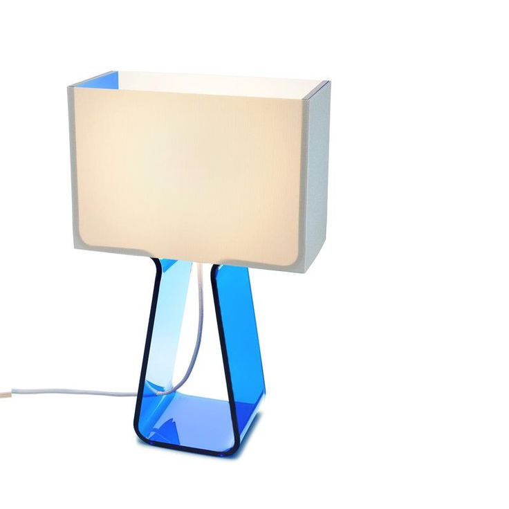 a blue table lamp with a white square light on the base and a cord plugged into it