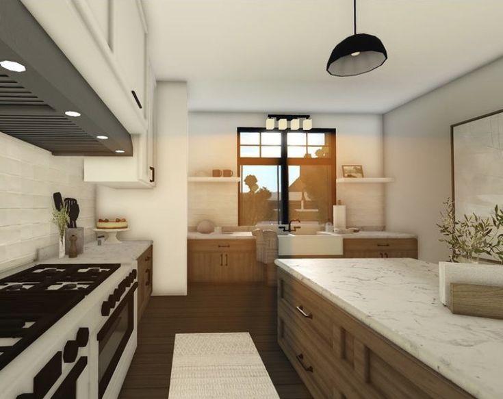 an artist's rendering of a kitchen with white counter tops and wooden cabinets, along with a large window