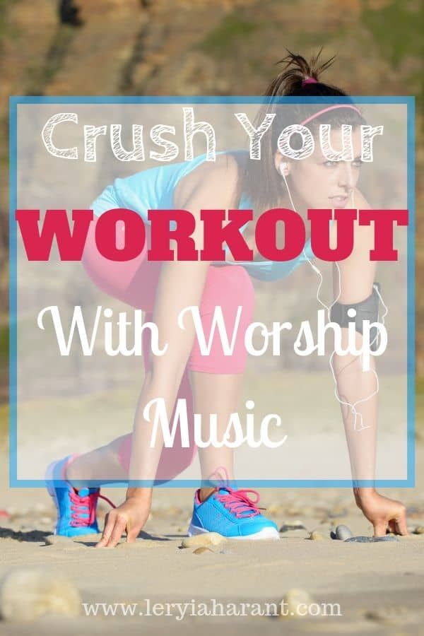 a woman squatting on the beach with text overlay that reads crush your workout with worship music