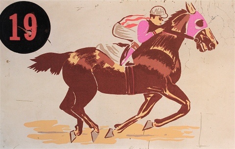 a painting of a jockey riding a horse with the number 19 on it's side