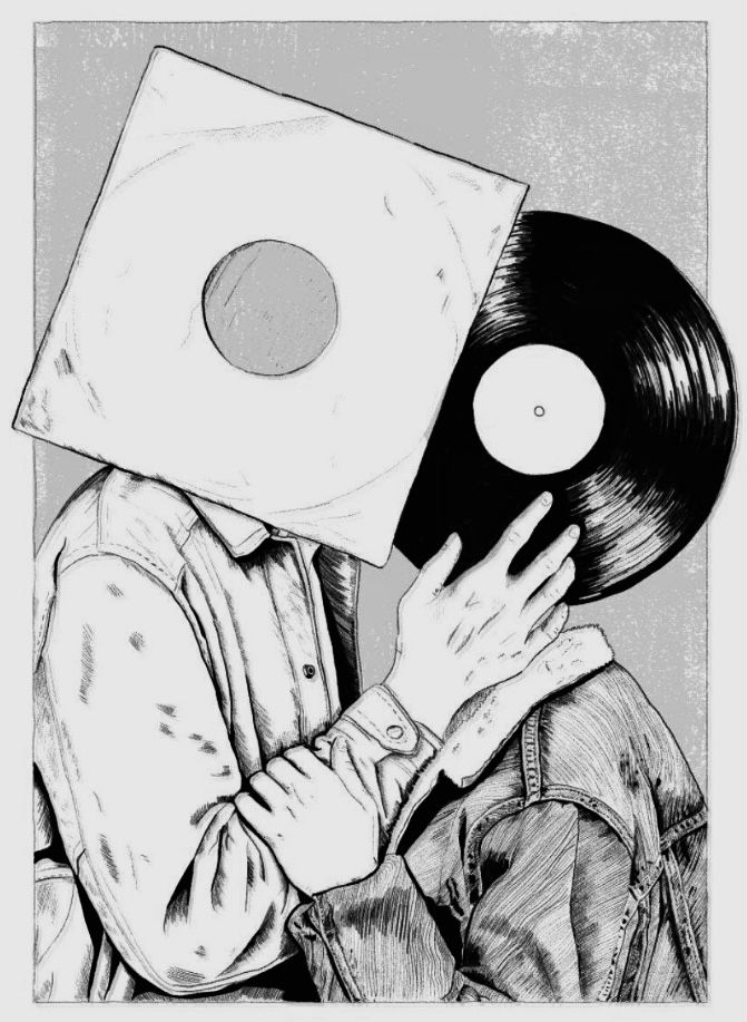 a drawing of a person with a record on their head and hands covering his face