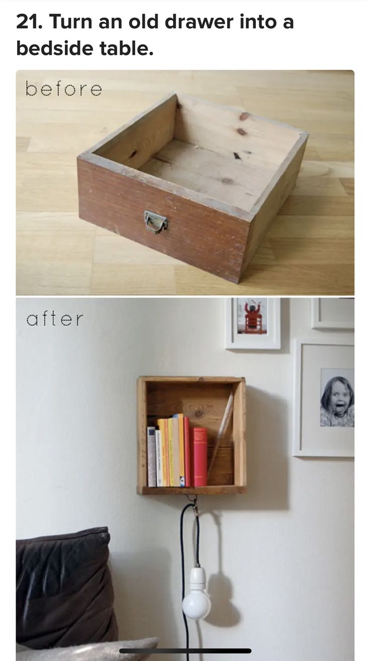 the before and after shots of an old drawer turned into a bed side table,