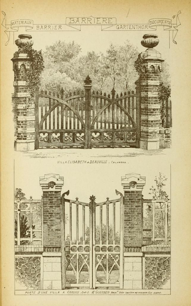 an old book with two drawings of gates