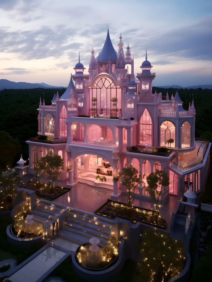 an aerial view of a large pink building with lots of windows and lights on it