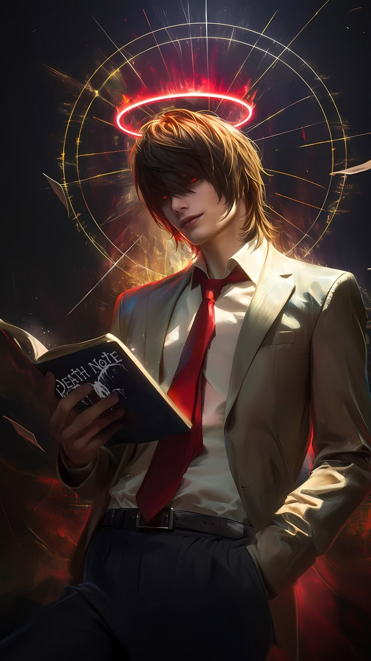 a man in a suit and tie is reading a book with fireworks behind his head