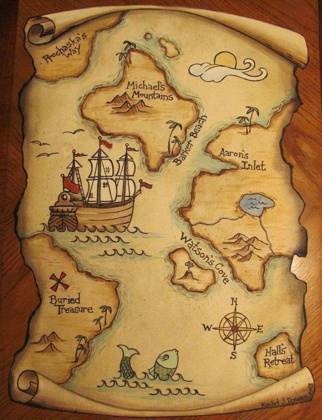 a wooden map with an image of a pirate ship on it