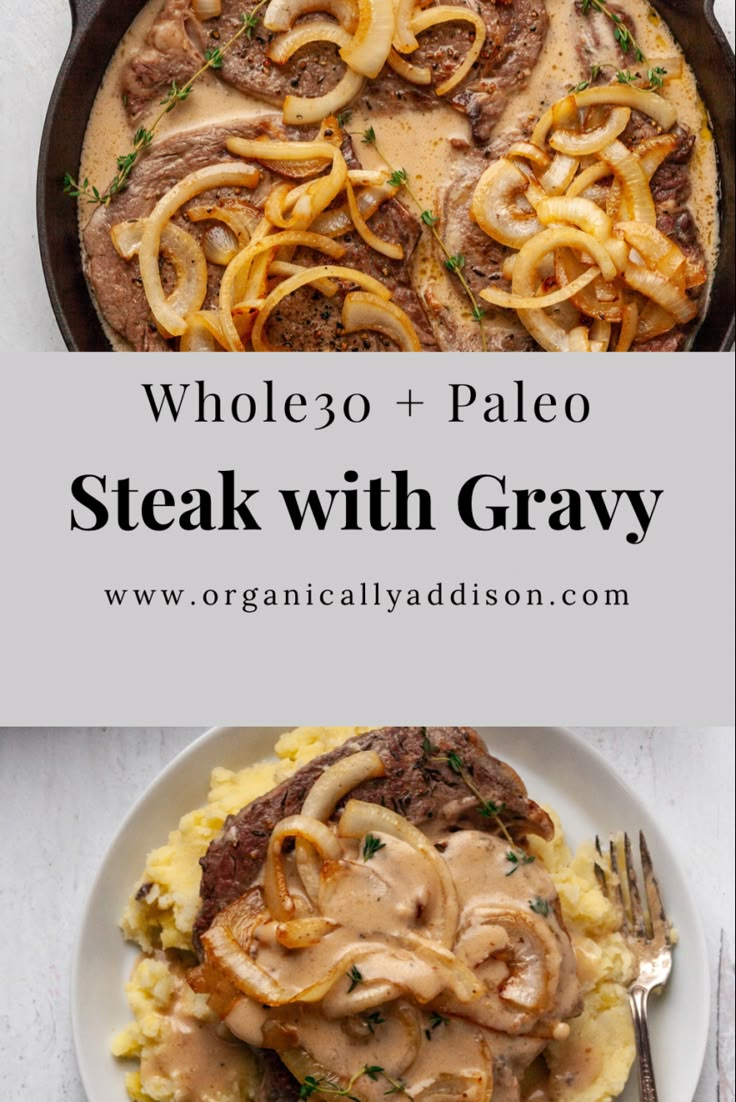 steak with gravy in a skillet on top of mashed potatoes and mushrooms