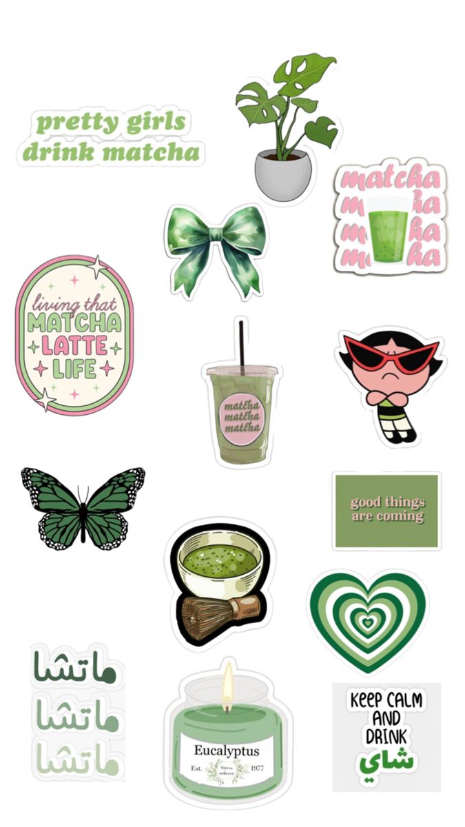 various stickers and decals are shown in this graphic style, including a green cup with