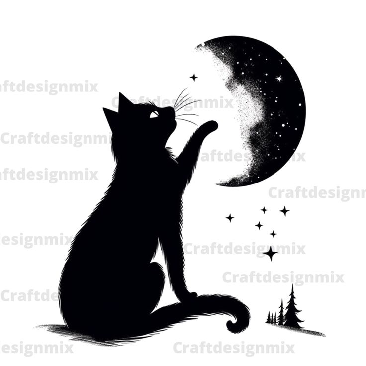 a black cat sitting in front of the moon with its paw on it's back