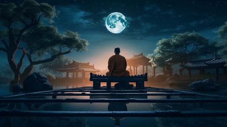 a man sitting on a bench looking at the moon