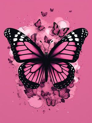 a pink butterfly with black and white butterflies on it's wings, against a pink background