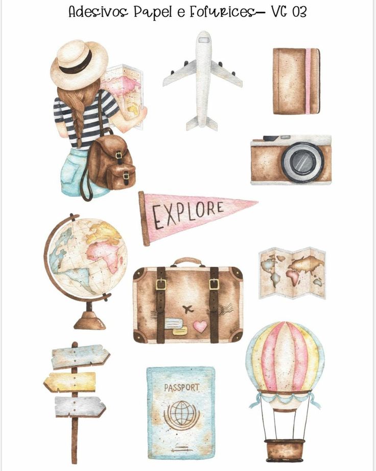 watercolor travel stickers with an airplane, luggage and other items