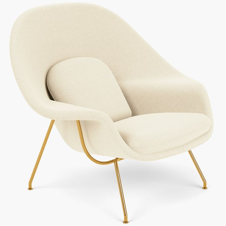 an egg chair with gold legs and a white fabric upholstered seat, viewed from the front