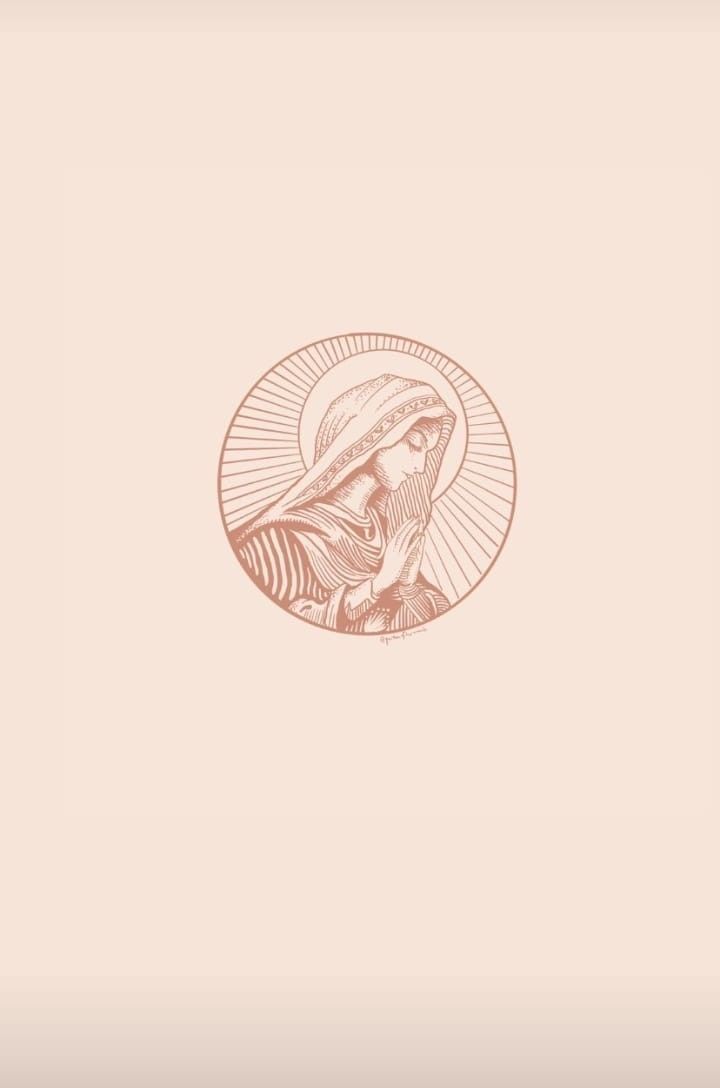 an image of the virgin mary in gold on a pink background with a circle around it