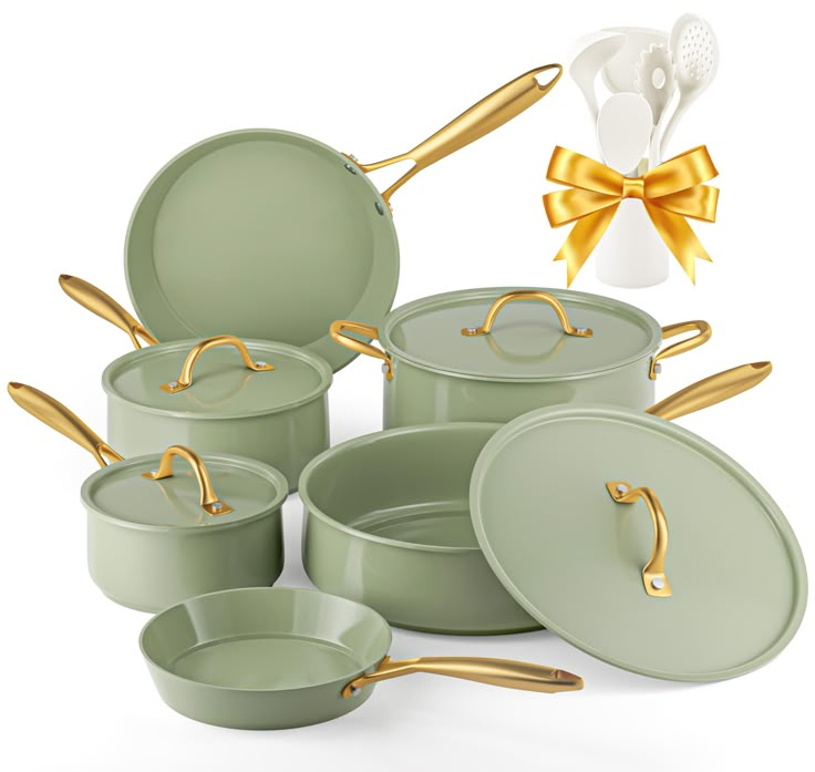 an assortment of green pots and pans with gold handles, on a white background