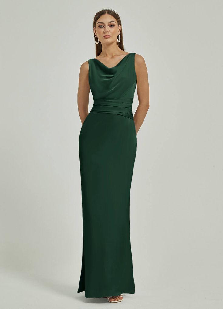 Emerald Green Maxi Backless Satin bridesmaid dresses EB30520 Emerson NZ Bridal a Emerald Green Dress Satin, Cowel Neck Dress, Emerald Green Bridesmaid And Groomsmen, Silk Gown Evening Dresses, Luxury Bridesmaid Dress With Cowl Back, Elegant Cowl Back Bridesmaid Dress, Bridesmaid Dresses High Neck, Green Fitted Satin Bridesmaid Dress, Emerald Green Long Dress