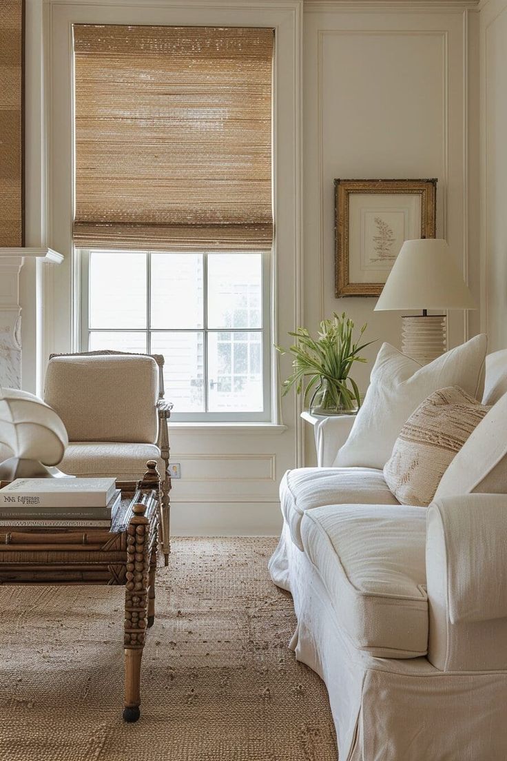 a living room filled with furniture and a window covered in roman blind shades on the windowsill