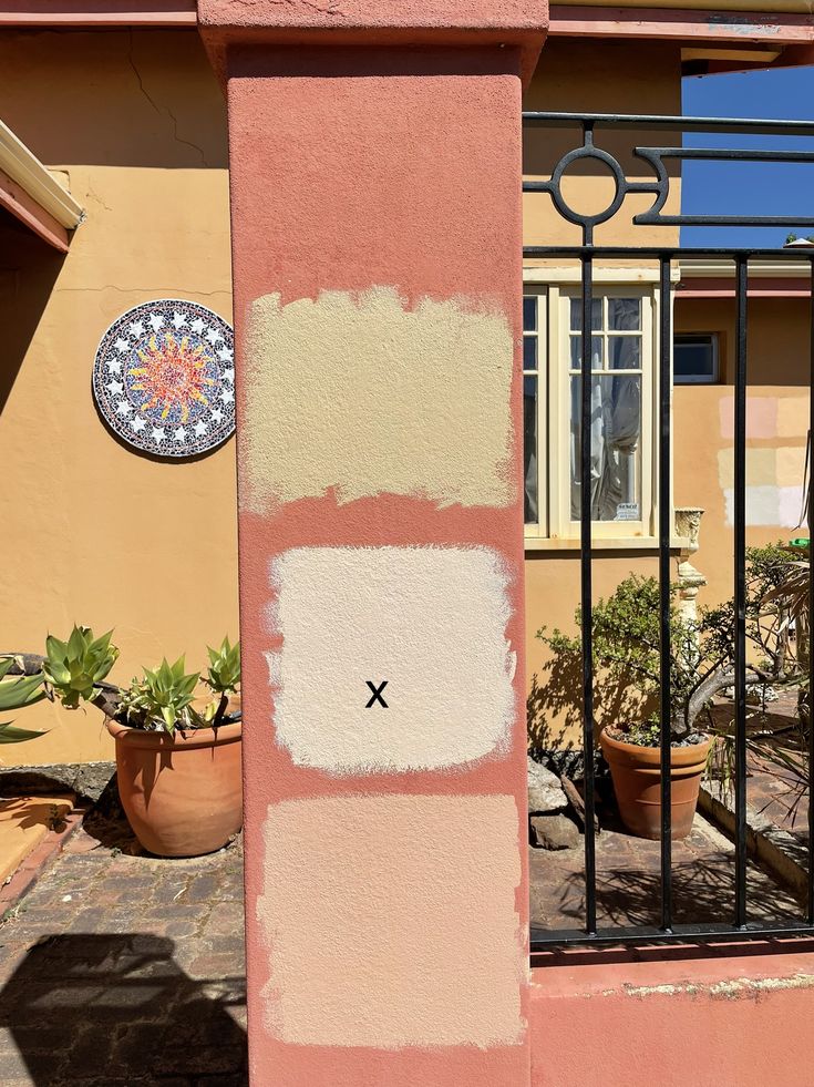 the outside of a house with some paint on it and plants in pots next to it