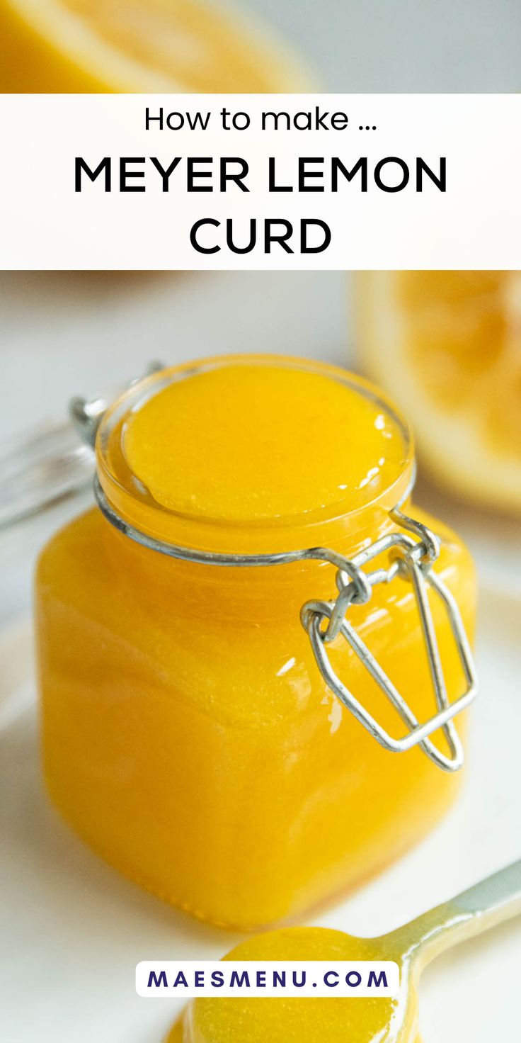 a glass jar filled with lemon curd sitting on top of a white plate