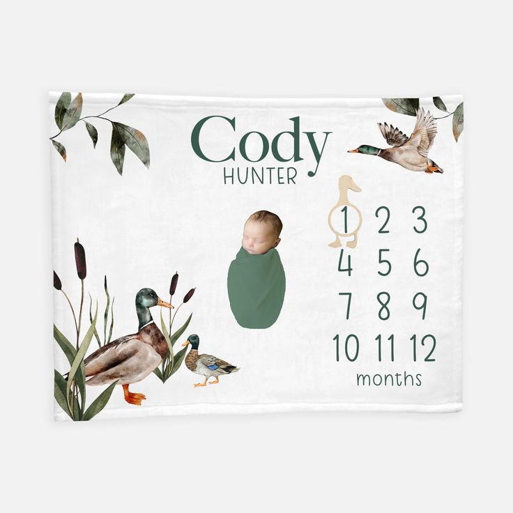 a baby's birth announcement with ducks and birds on it, including the numbers